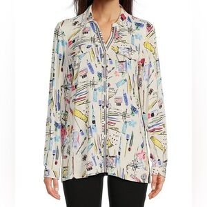 NWT Ali Miles L  Novelty Print Knit Point Collar 3/4 Sleeve Button-Front Tunic